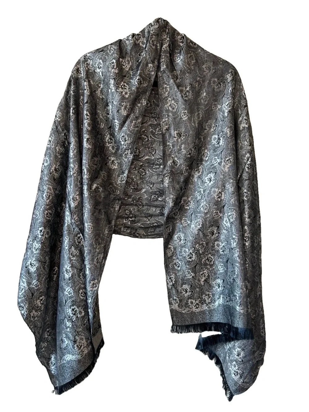 Vintage Thai Silk 100% Silk Shawl Wrap Silver Black Paisley Brocade Fringe 73in